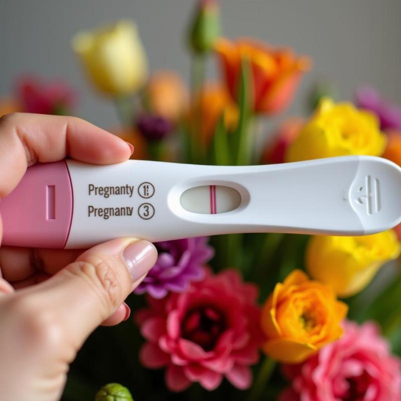 Woman Holding a Pregnancy Test With Two Lines - Surrounded by Flowers