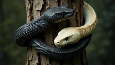 Two Snakes Entwined Around a Tree