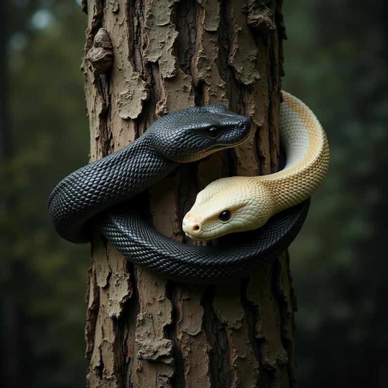 Two Snakes Entwined Around a Tree