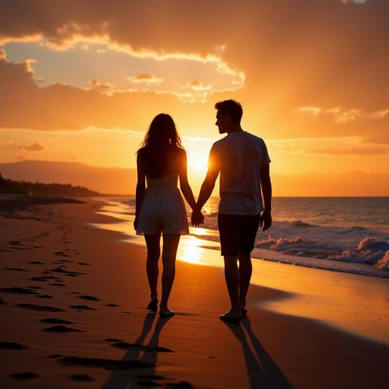 Couple holding hands walking barefoot on beach at sunset