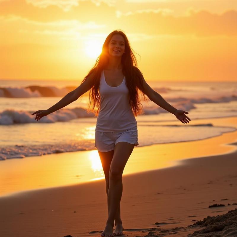 Woman Walking Barefoot on Beach