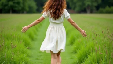 Woman walking barefoot on grass