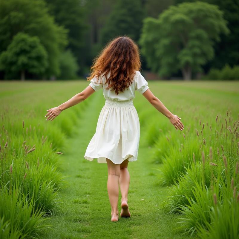 Woman walking barefoot on grass