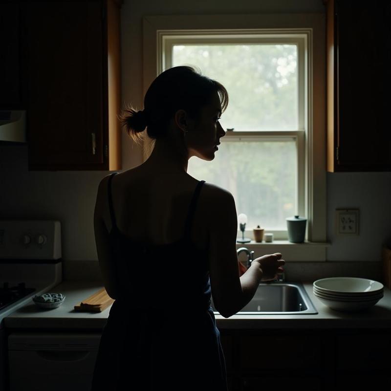 Woman Washing Dishes Alone