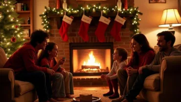 Family gathered around a fireplace in a cozy living room decorated for Christmas