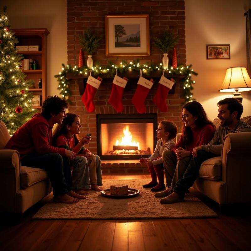 Family gathered around a fireplace in a cozy living room decorated for Christmas