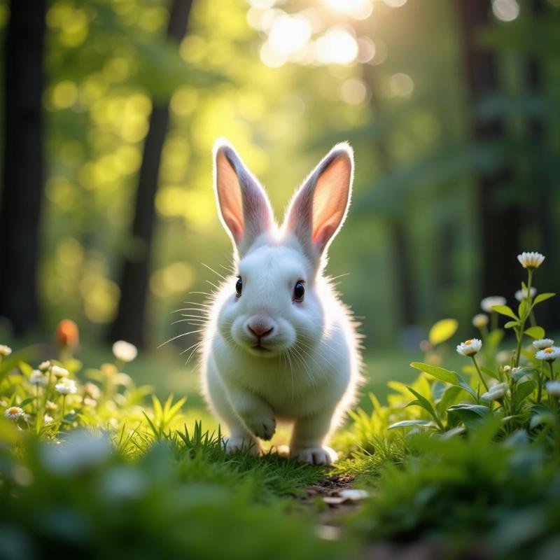 White rabbit running through a forest