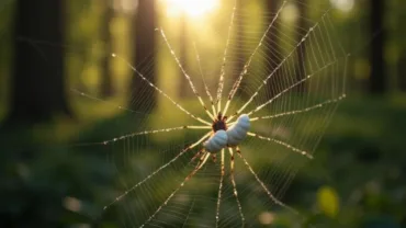 White spider spinning a web