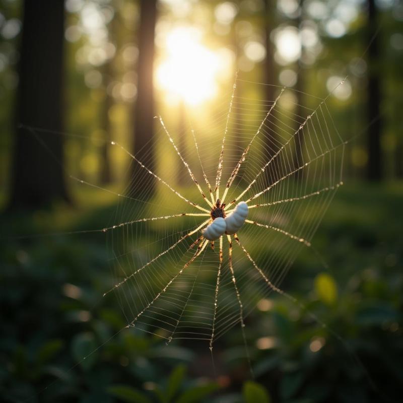 White spider spinning a web