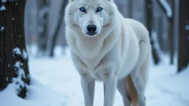 White wolf standing in snowy forest