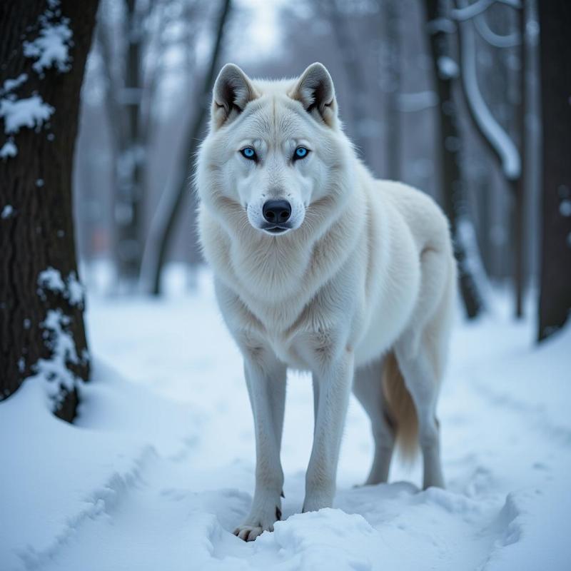 White wolf standing in snowy forest