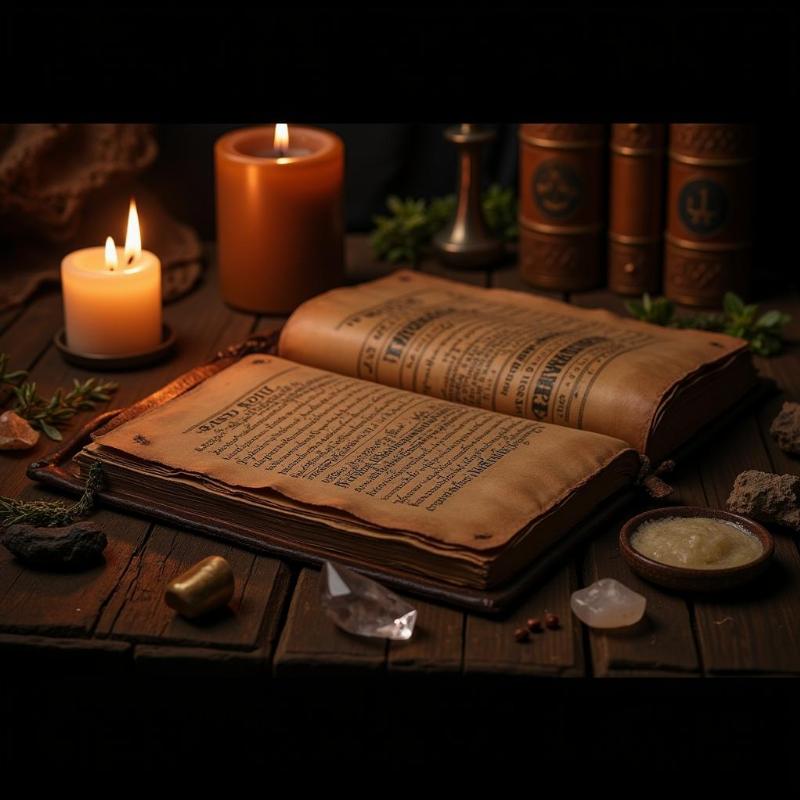 Open spell book with candles and herbs