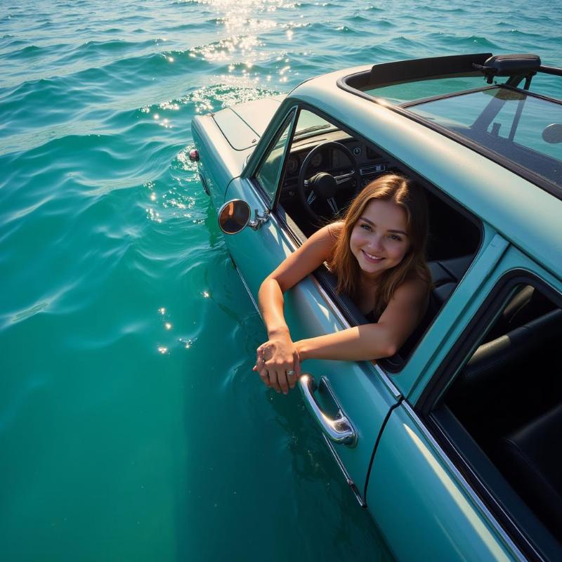 Woman escaping a sunken car