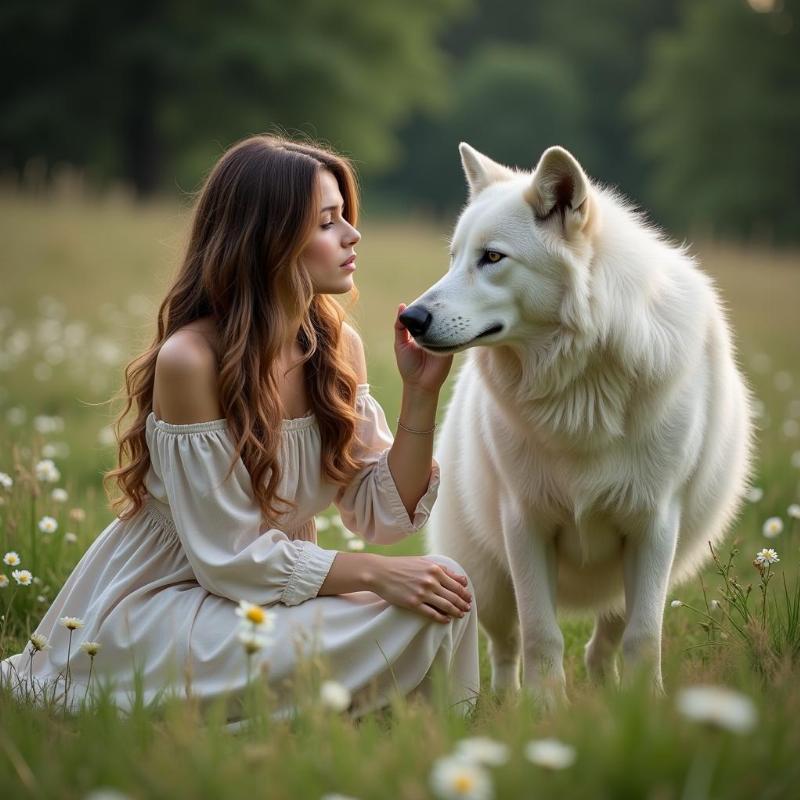 Woman Connecting with White Wolf