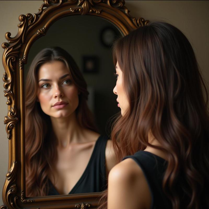 Woman Contemplating Hair Reflection in Mirror