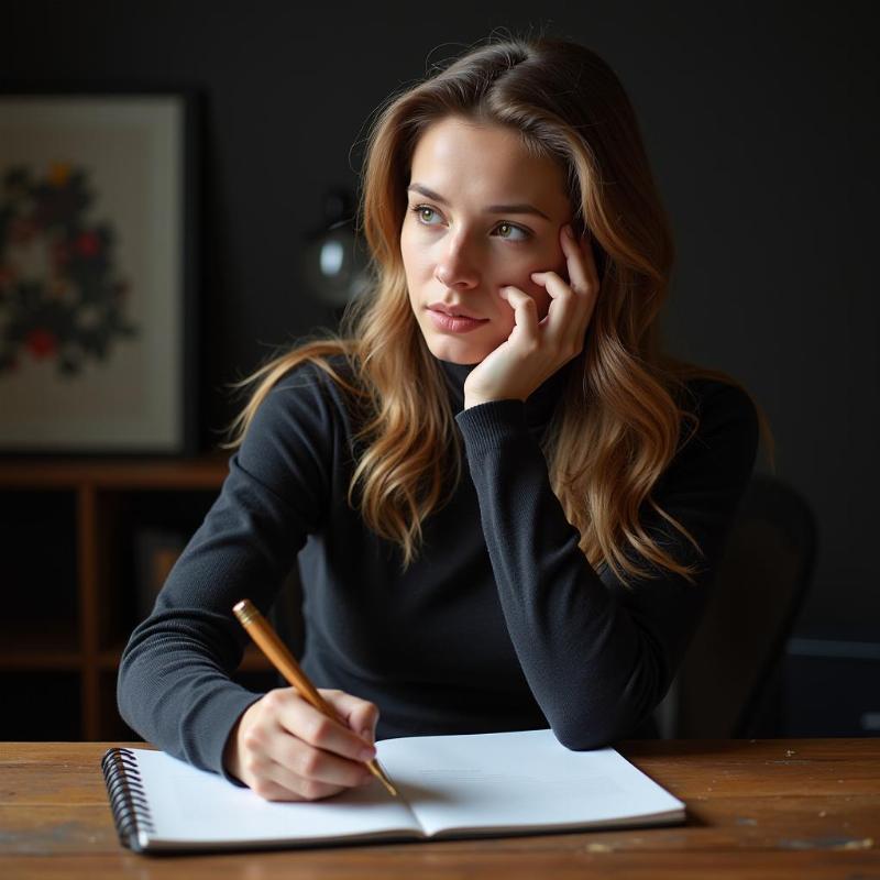 Woman deep in thought while journaling