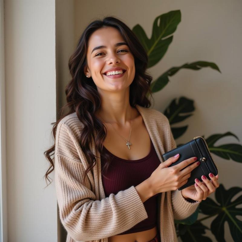 A woman filled with joy as she finds a lost wallet.