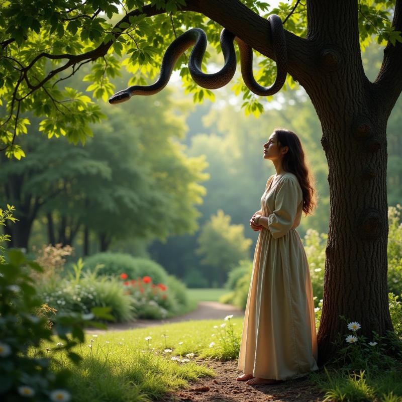 Woman in a garden with a snake in a tree