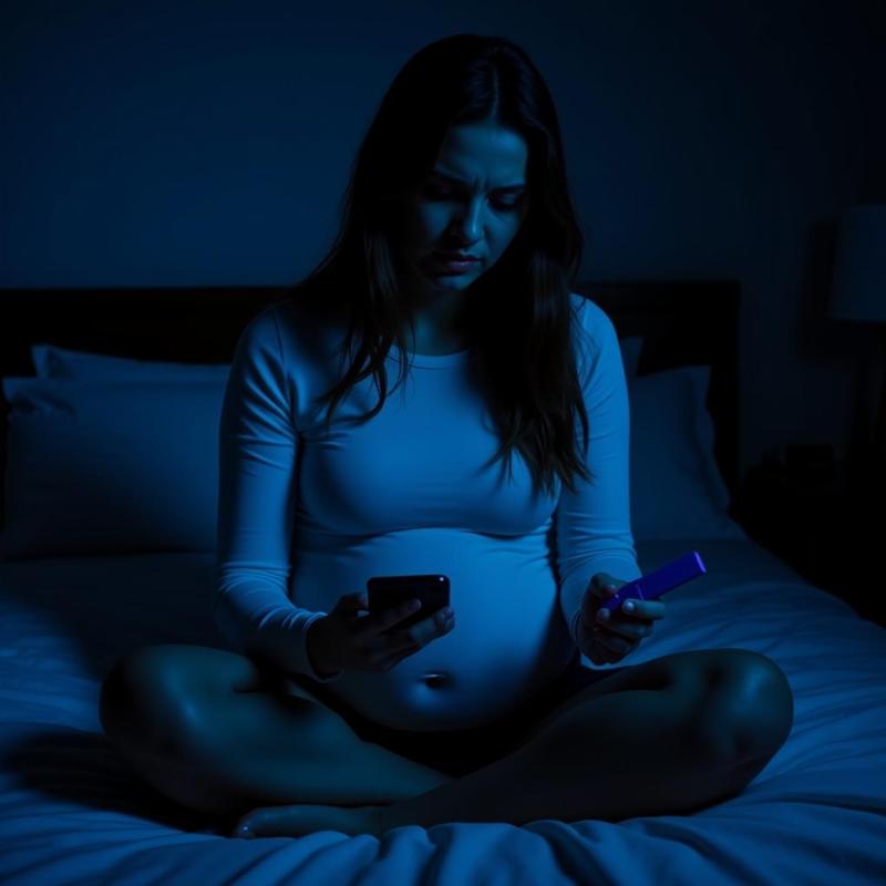 A woman sits on the edge of her bed, clutching a pregnancy test, her face a mixture of fear and uncertainty, as shadows loom in the background.