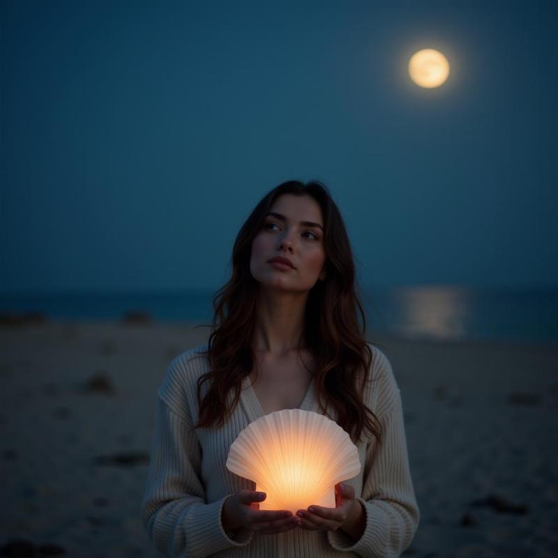 A woman cradles a glowing seashell in her hands as she stands on a moonlit beach