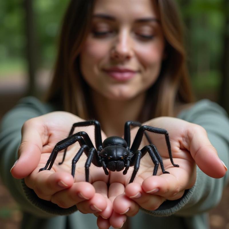 Woman gently holding a black spider