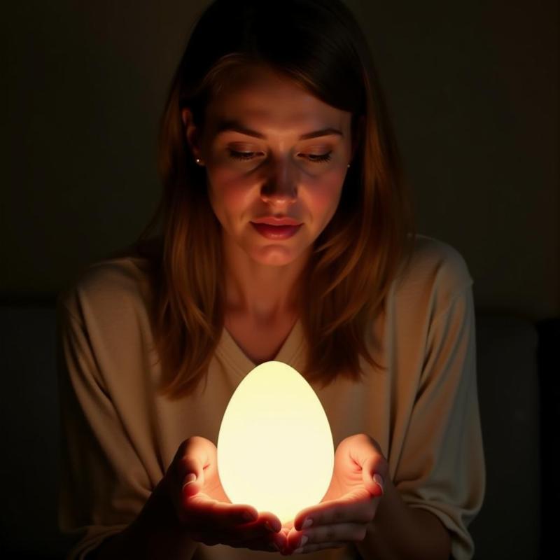 Woman holding a glowing egg in her hands