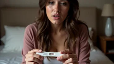 Woman Holding Pregnancy Test with Mixed Emotions