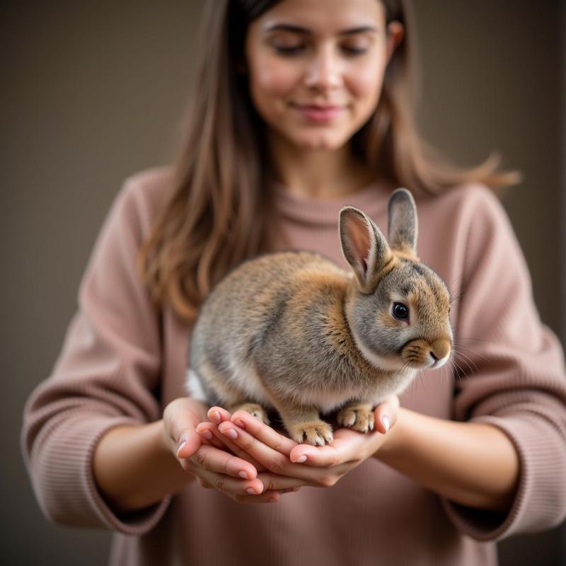 Woman Holding a Rabbit Gently