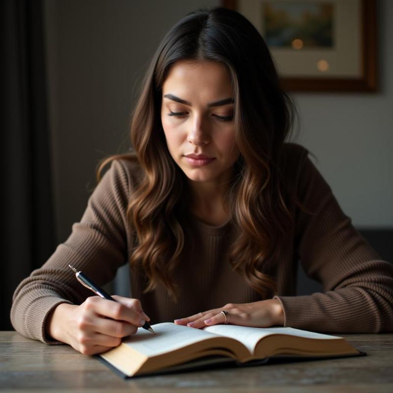 A woman writing in a journal with a contemplative expression, a cup of tea beside her