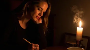 A woman journaling her dream by candlelight