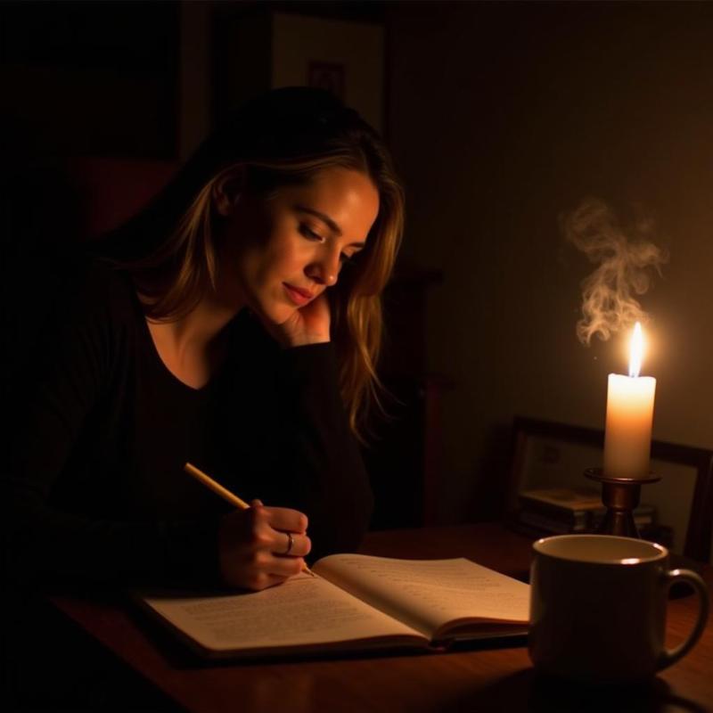 A woman journaling her dream by candlelight