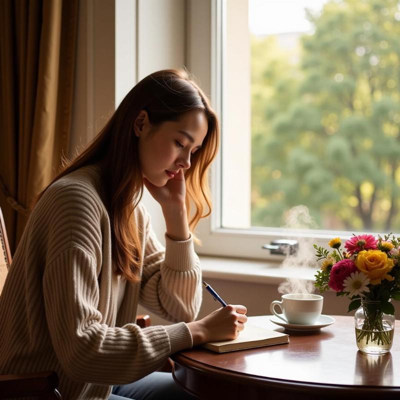 Woman writing in a journal by the window