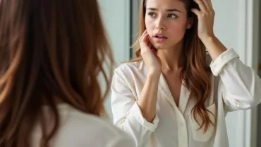 Woman Anxiously Examining Hair Loss in Mirror