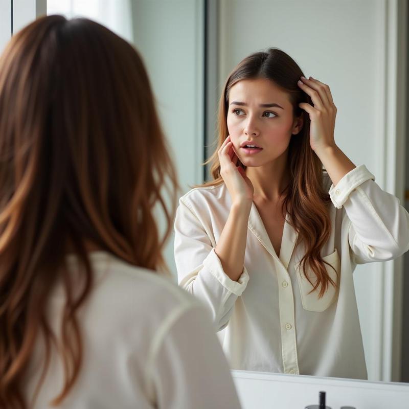 Woman Anxiously Examining Hair Loss in Mirror