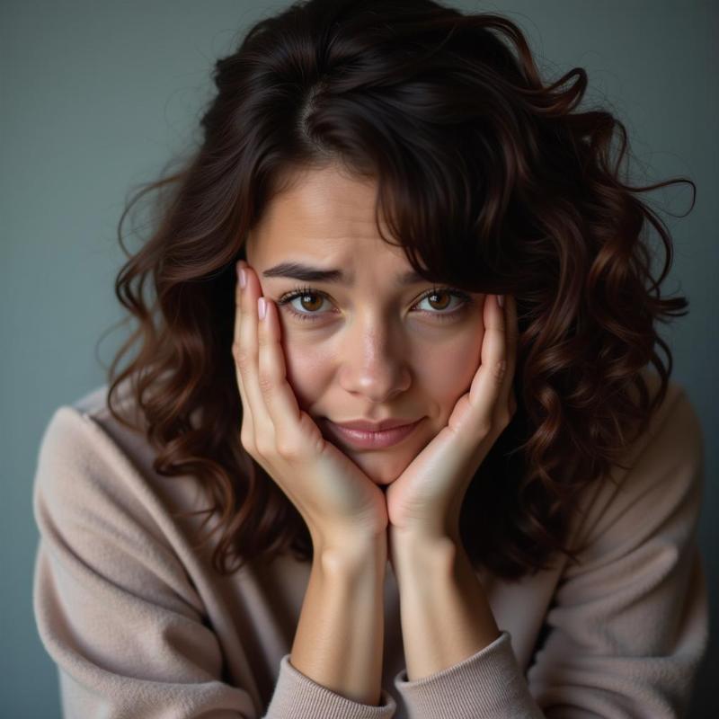 A woman looking at her reflection in the mirror with a sad expression