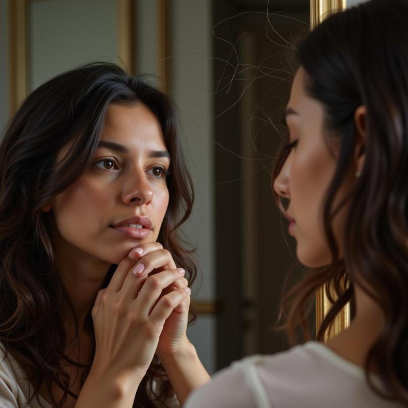 Woman Looking in Mirror Thoughtfully