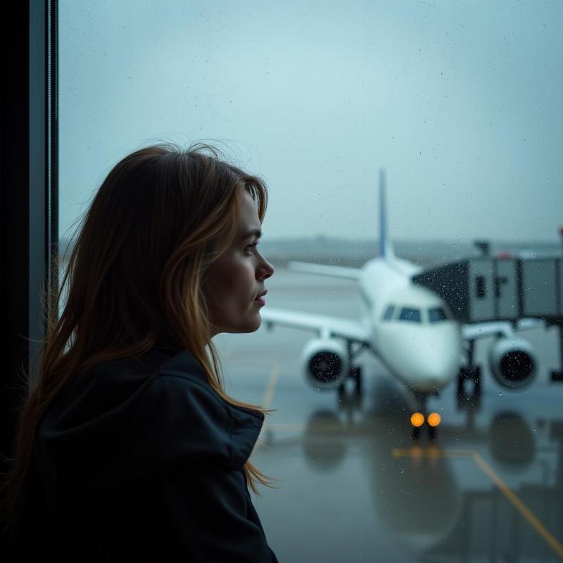 A woman looking out a window at a storm, reflecting on a cancelled flight and changed plans