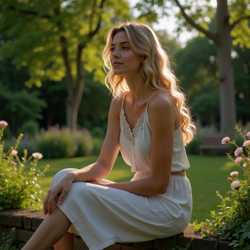 Woman Looking Thoughtful in Garden