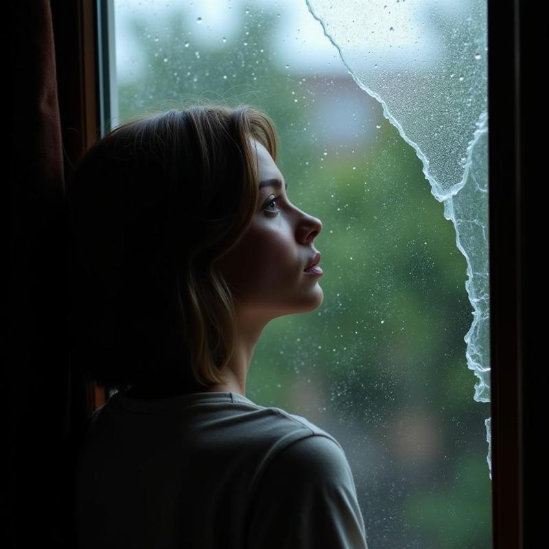 A woman looking pensively through a broken window pane