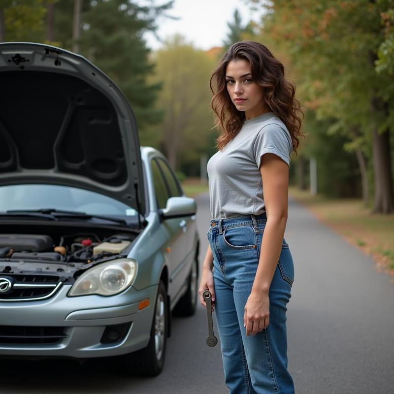 Taking Charge: A woman confidently inspects the engine of her broken-down car, symbolizing resourcefulness and a proactive approach to problem-solving. 