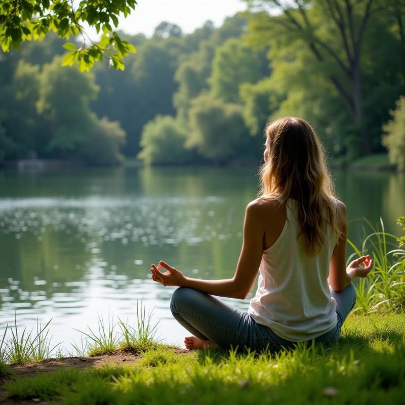 Woman Meditating by Calm Water