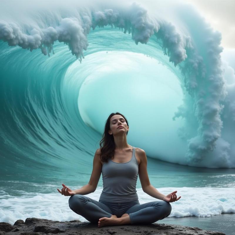 Woman meditating calmly amidst a giant wave