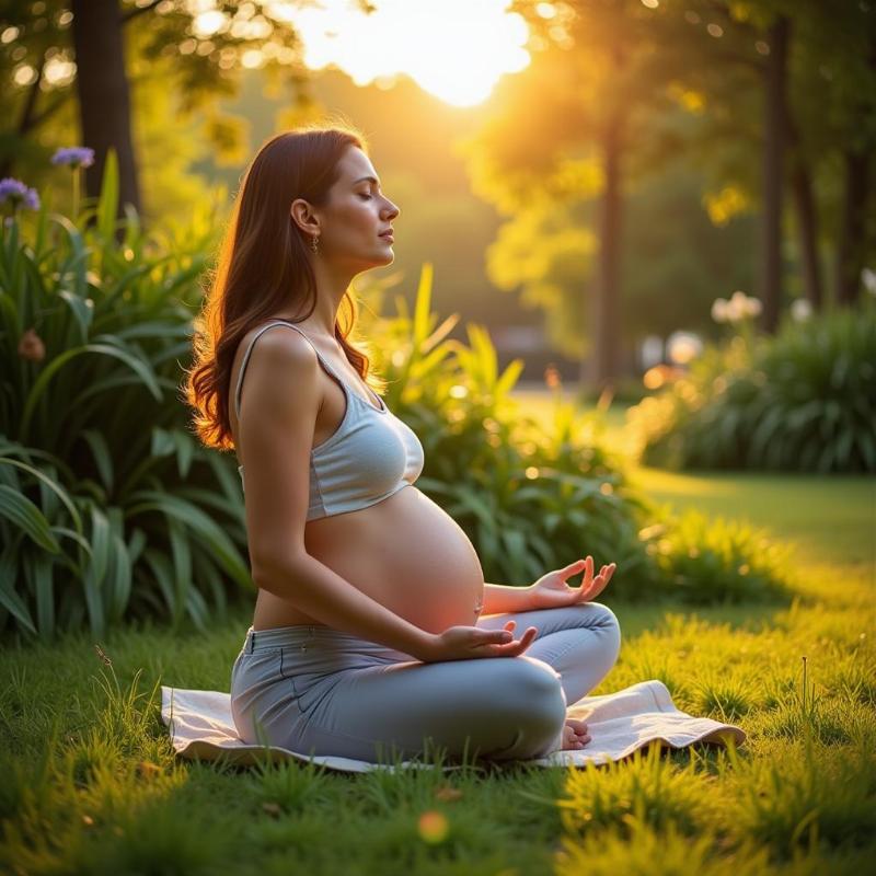 A woman meditates peacefully in a lush green garden.