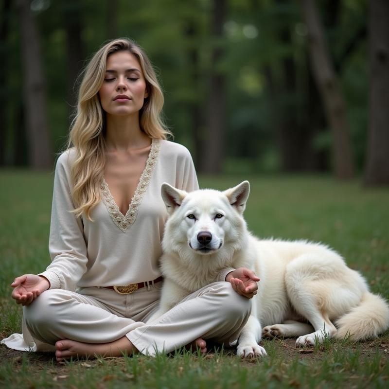 A woman meditating with a white wolf beside her