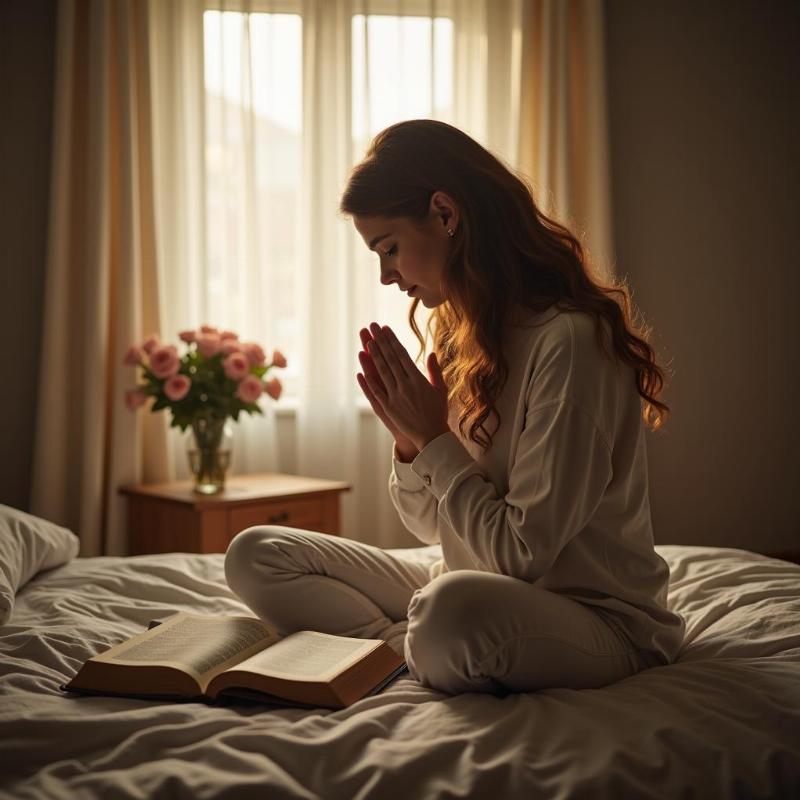 A woman kneeling in prayer with a bible in her hands