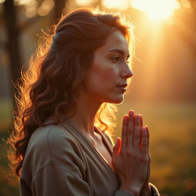 A woman praying with a Bible in her hands