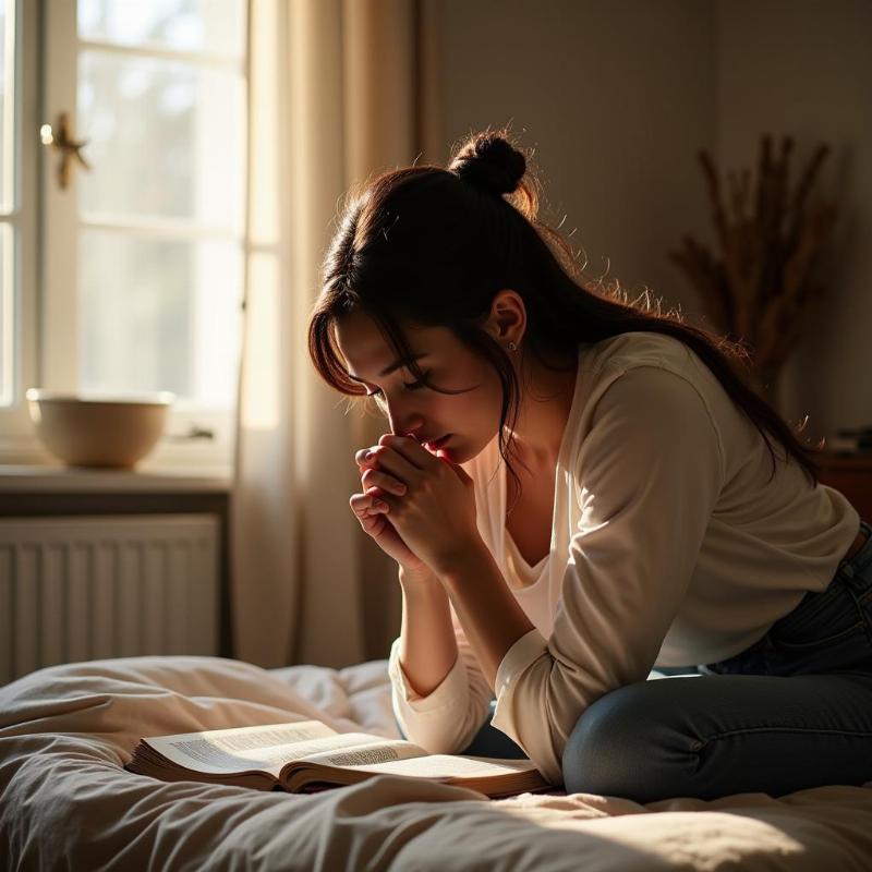 Woman Praying with Bible by Bedside