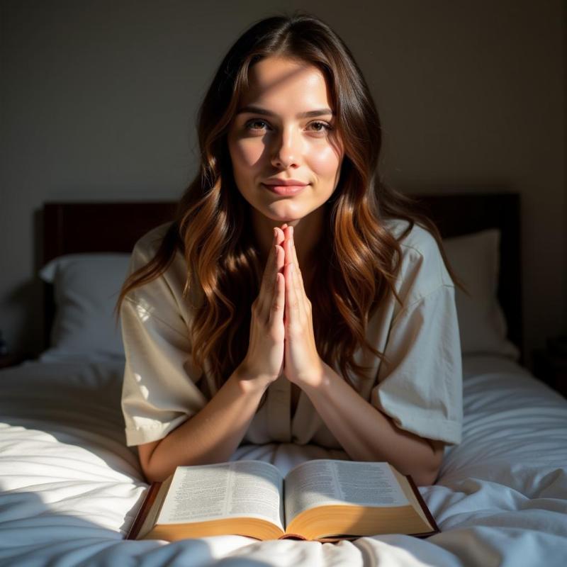 Woman praying with a bible for protection and guidance