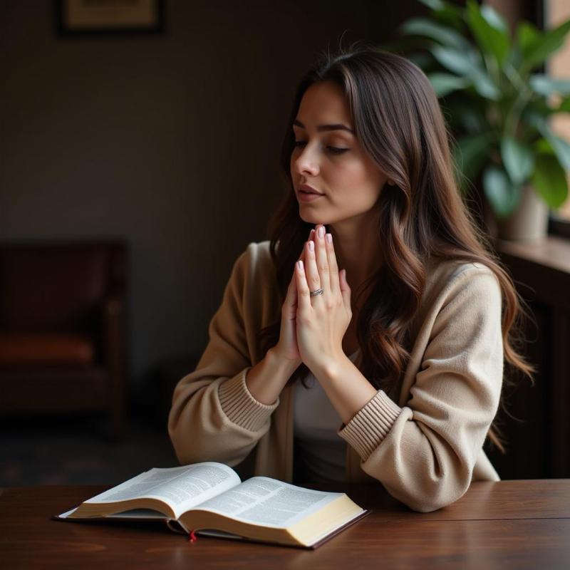 Woman praying with an open Bible