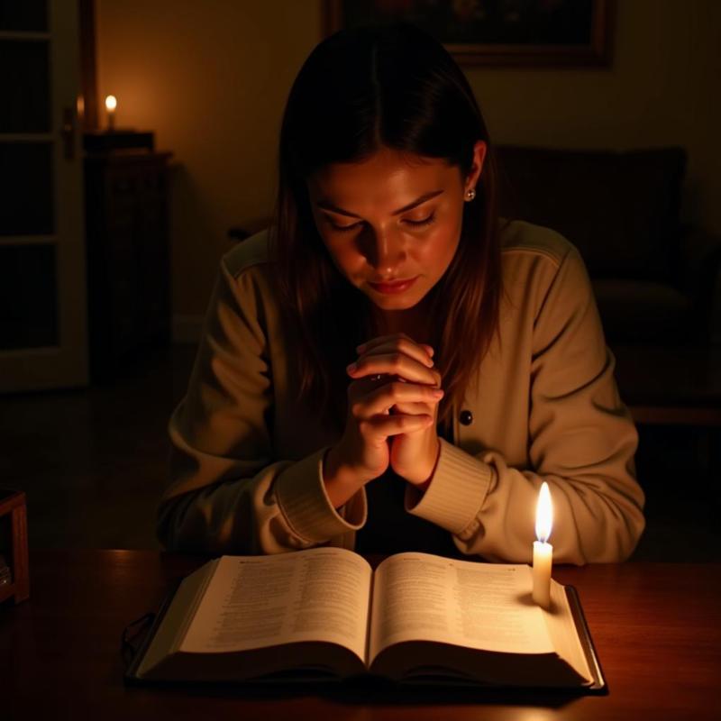 Woman praying with open Bible by candlelight